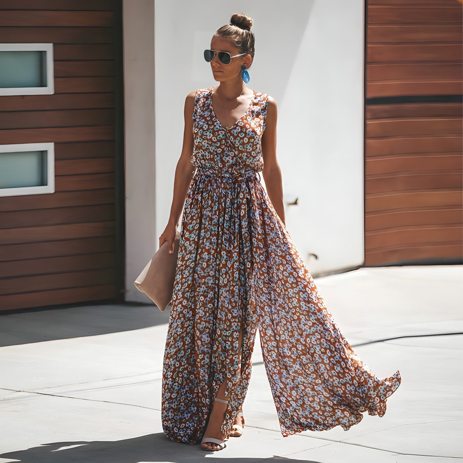 Floral Print V-Neck Wrap Sleeveless Belted Wide Leg Maxi Jumpsuit