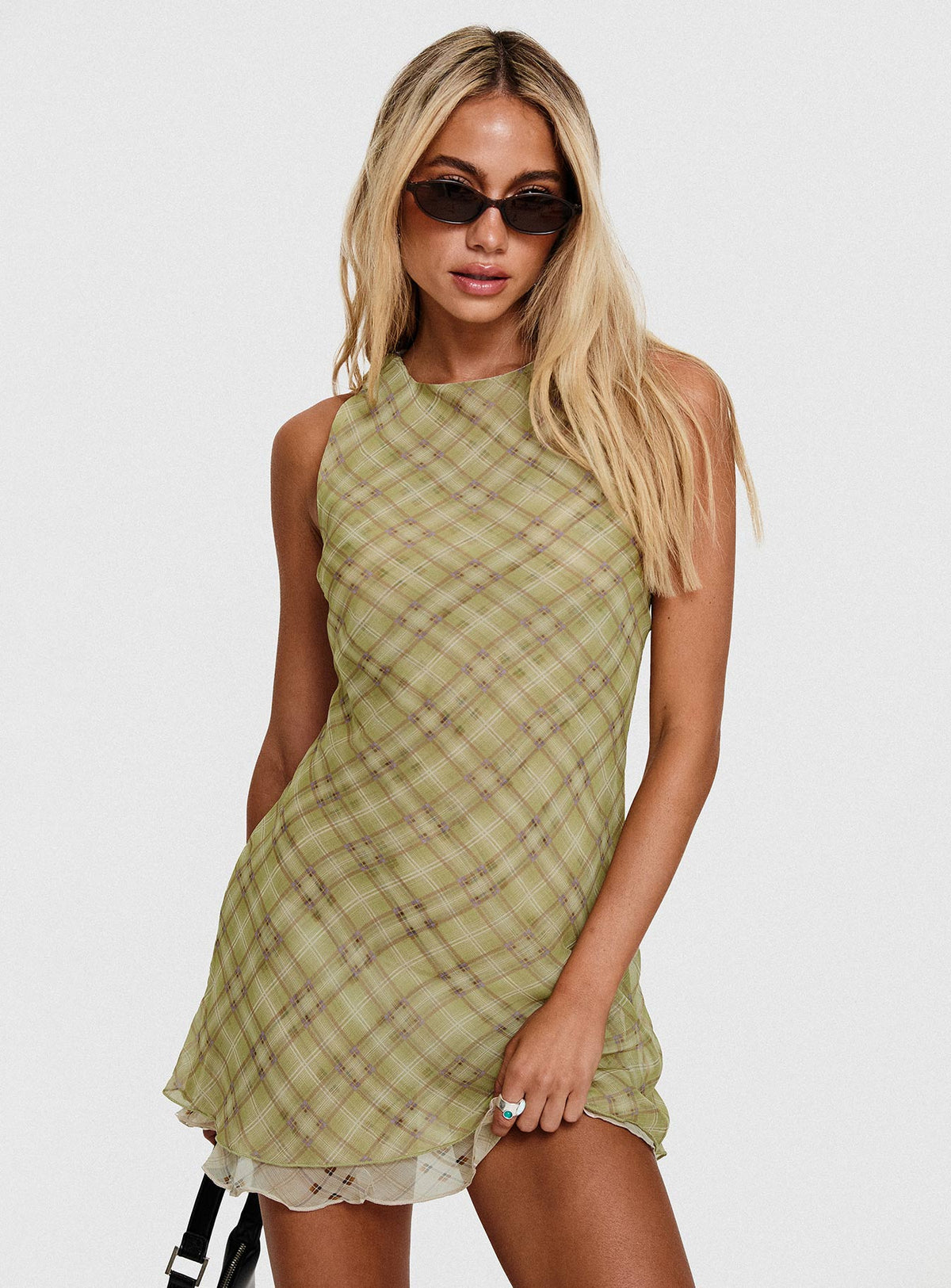 Plaid Mesh Sleeveless Crew Neck Layered Hem Shift Mini Dress