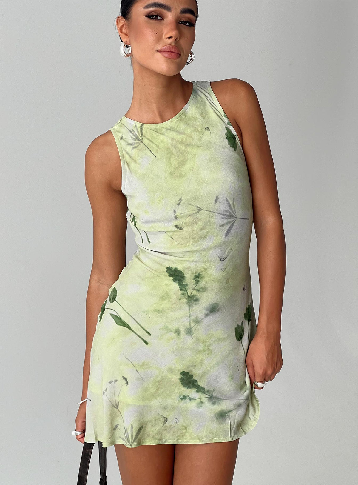 Botanical Print Mesh Crew Neck Sleeveless Bodycon Mini Dress 8