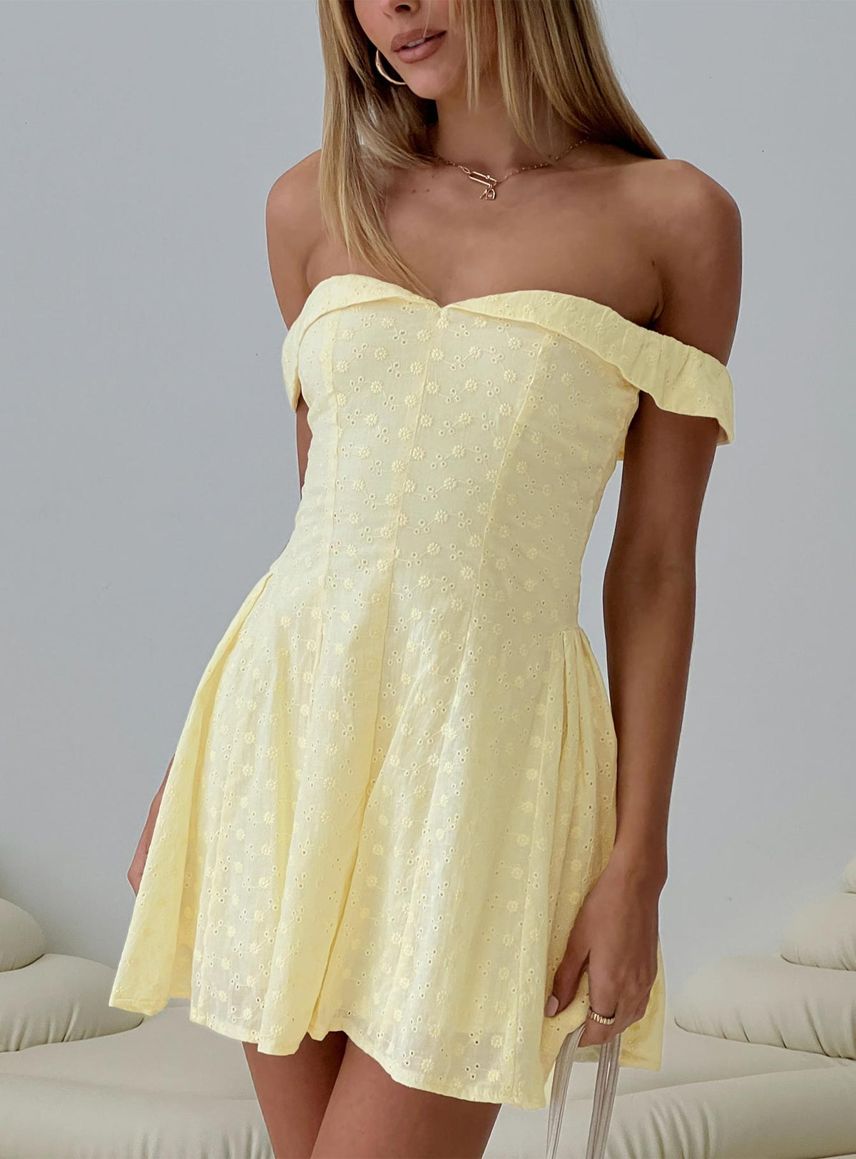 Eyelet Off Shoulder Foldover Neckline Fit and Flare Mini Dress