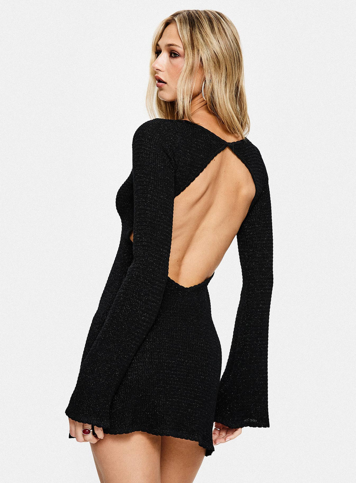 Long Flare Sleeve Open Back Knit Mini Dress
