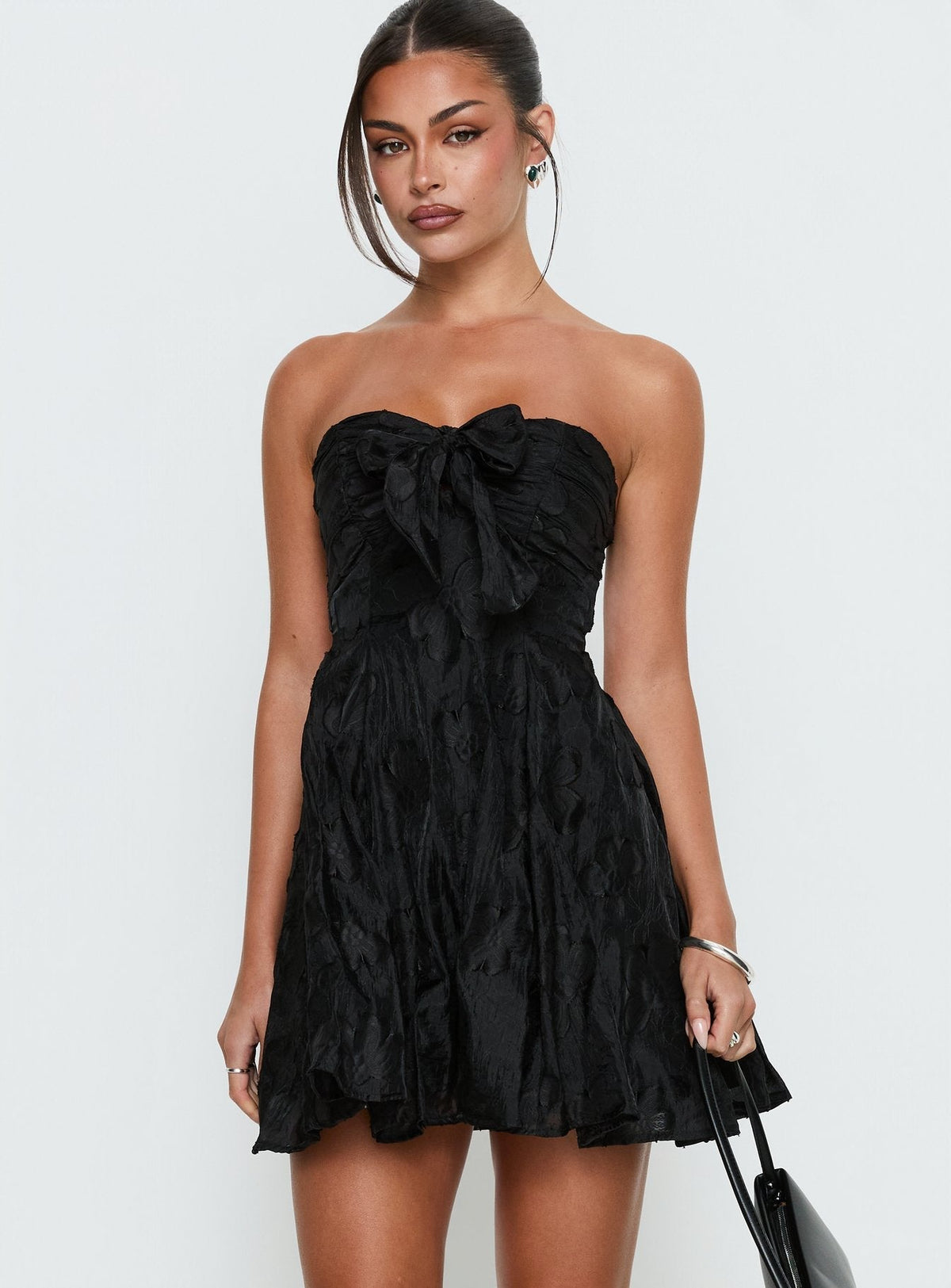 Jacquard Bow Front Strapless Fit and Flare Mini Dress