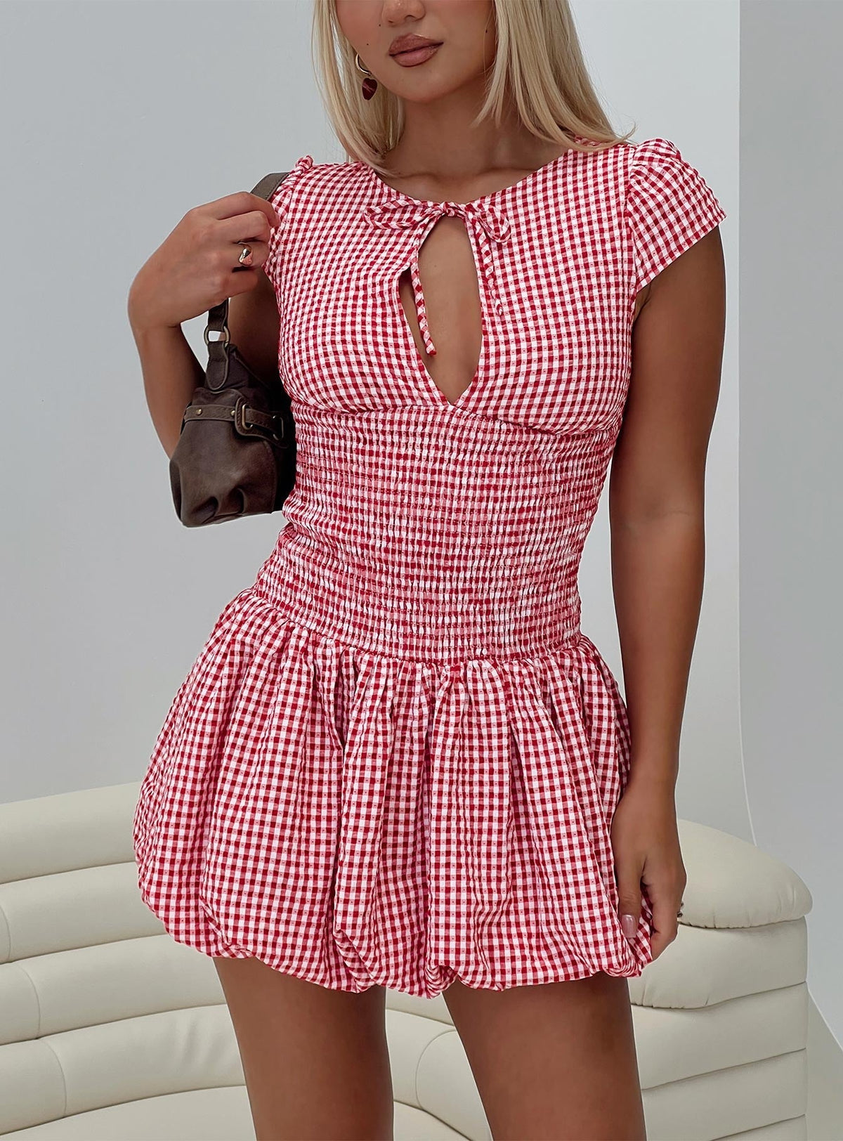Gingham Keyhole Tie Neck Smocked Waist Bubble Hem Mini Dress