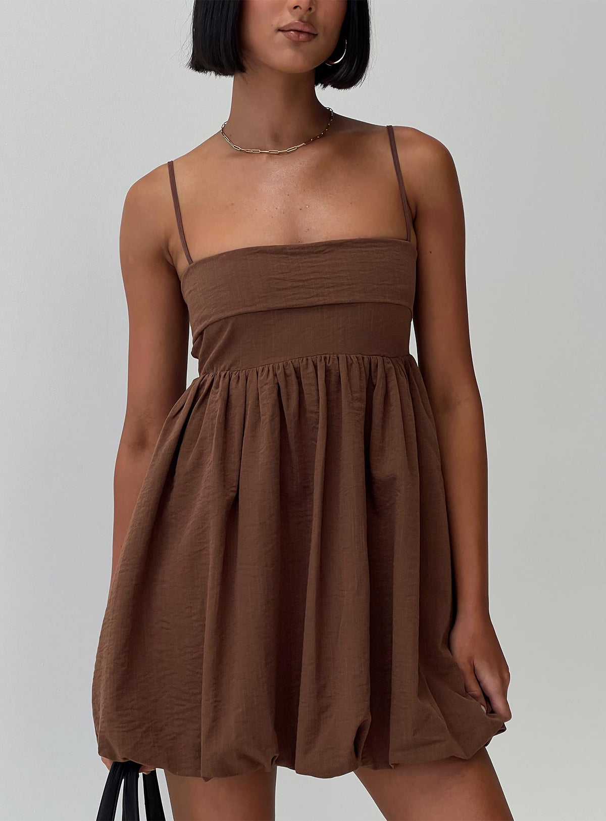Spaghetti Strap Straight Neck Empire Waist Bubble Hem Mini Dress