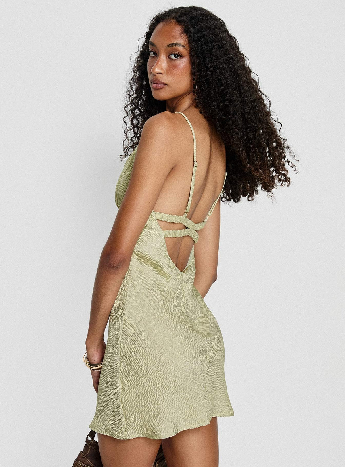 Textured Satin Cowl Neck Strappy Open Back Slip Mini Dress