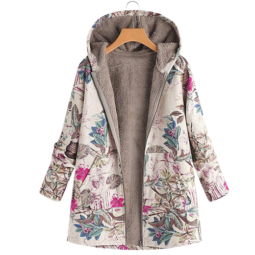 Floral Print Hooded Fleece Lined Zip Front Coat
