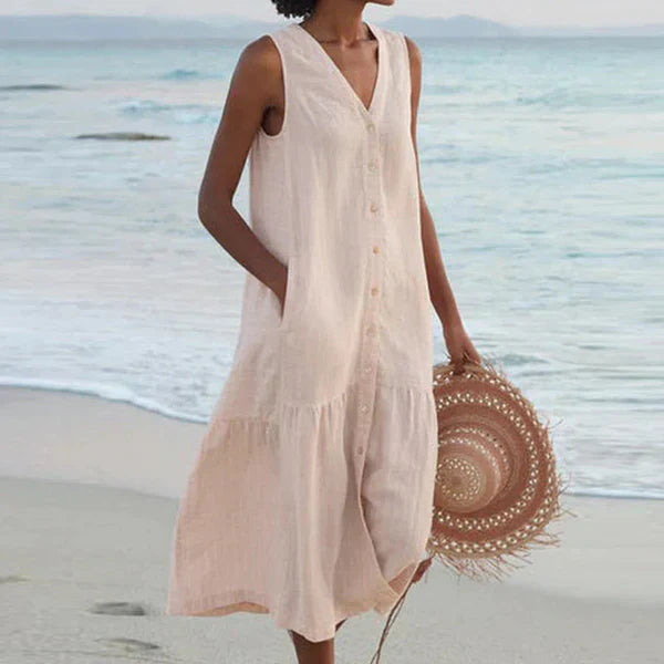V-Neck Button Front Sleeveless Tiered Pocket Shift Midi Summer Dress