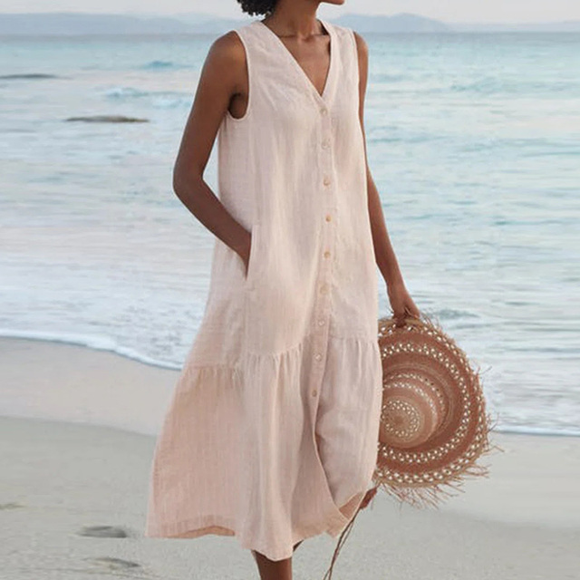 Esther | Sleeveless Buttoned Midi Dress Khaki