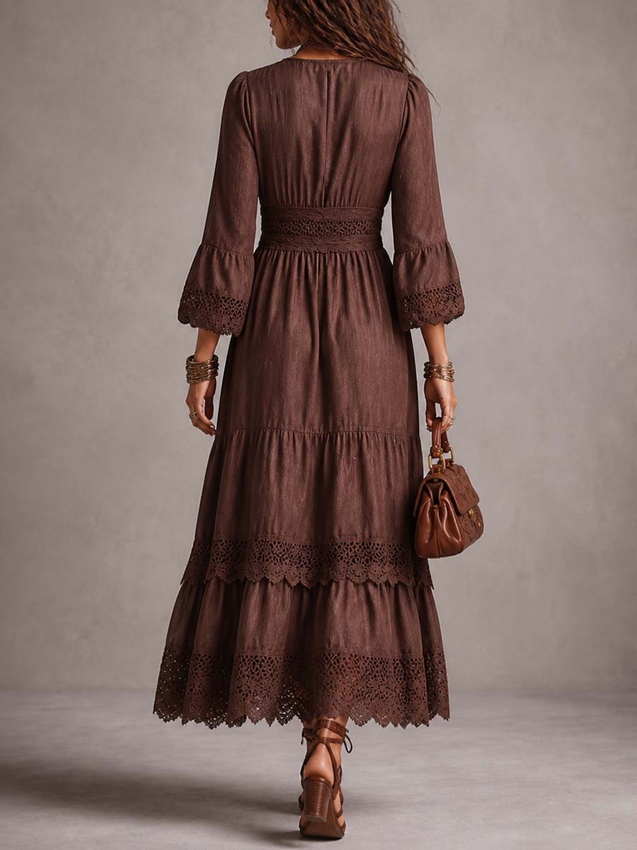 Deep V-Neck Puff Sleeve Lace Trim Tiered Boho Maxi Dress