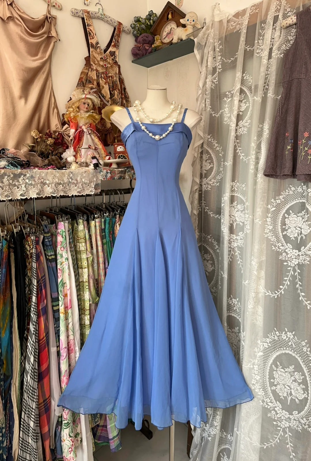 Blue Spaghetti Straps Ankle Length Prom Dress Sleeveless Evening Party Dress