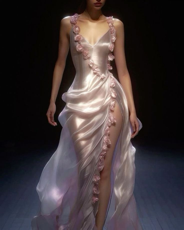 3D Flowers Sexy Long Dress,Pink V Neck Evening Party Dress fg7377