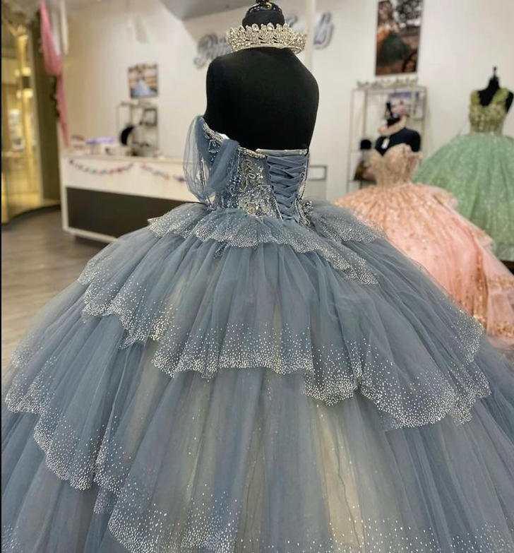 Princess Dresses Ball Gown Off Shoulder Vestido De Quinceanera Tiered Skirt Glitter Sequins Tulle 15 Masquerade Dress