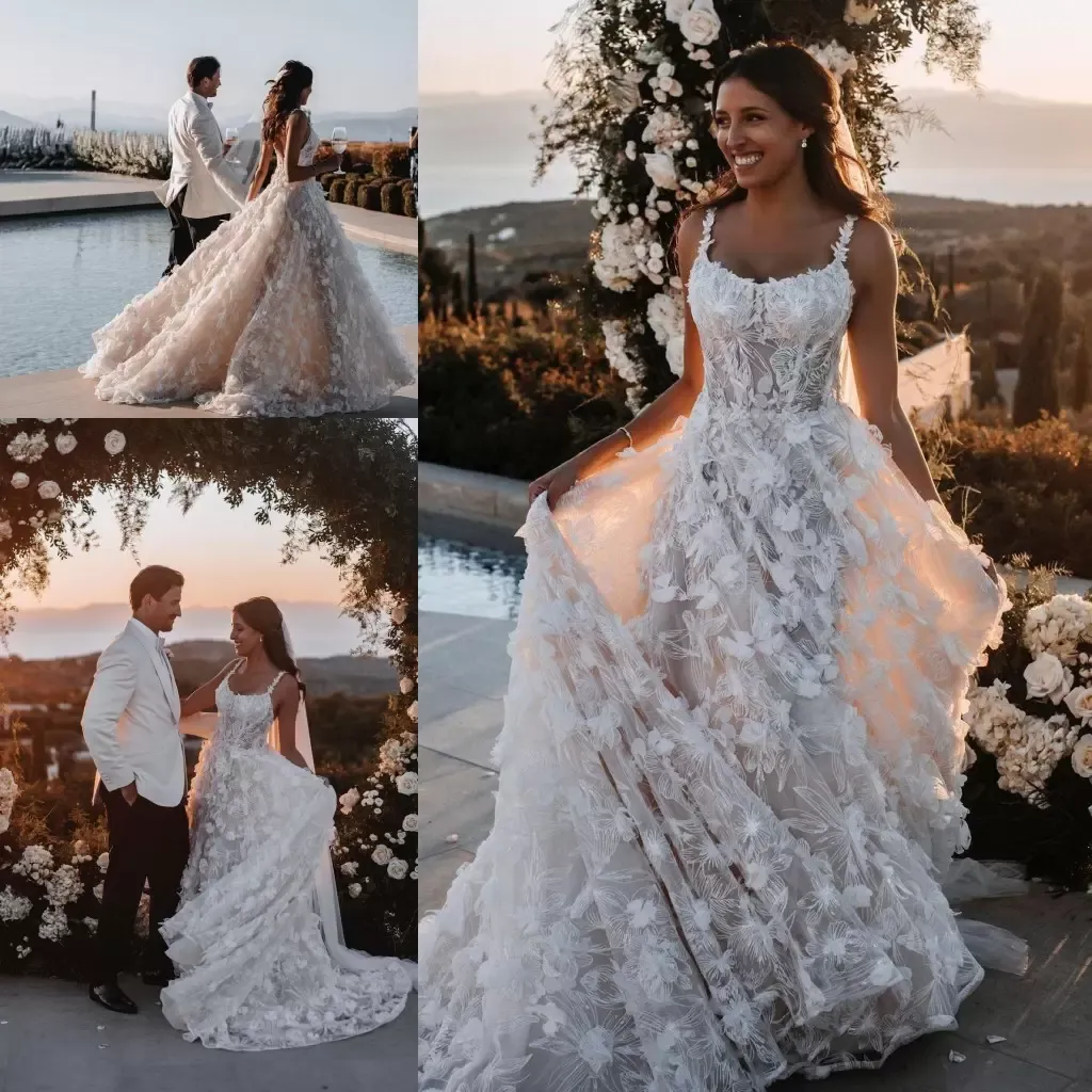 3D Flowers Appliques Long Wedding Dress Princess Bridal Gown fg7373