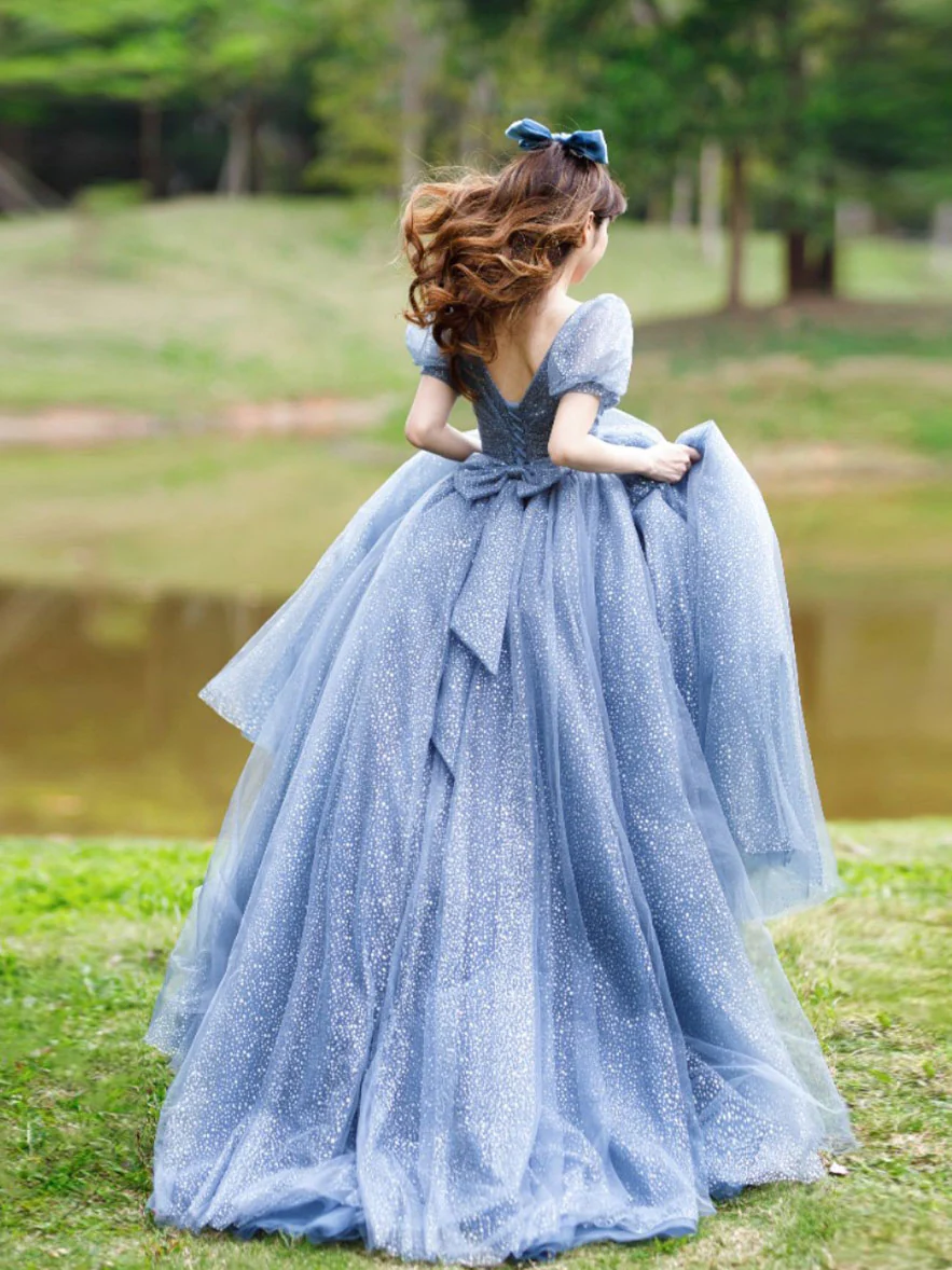 Blue Tulle V Neck Tulle Long Prom Dress Blue Sweet 16 Dress