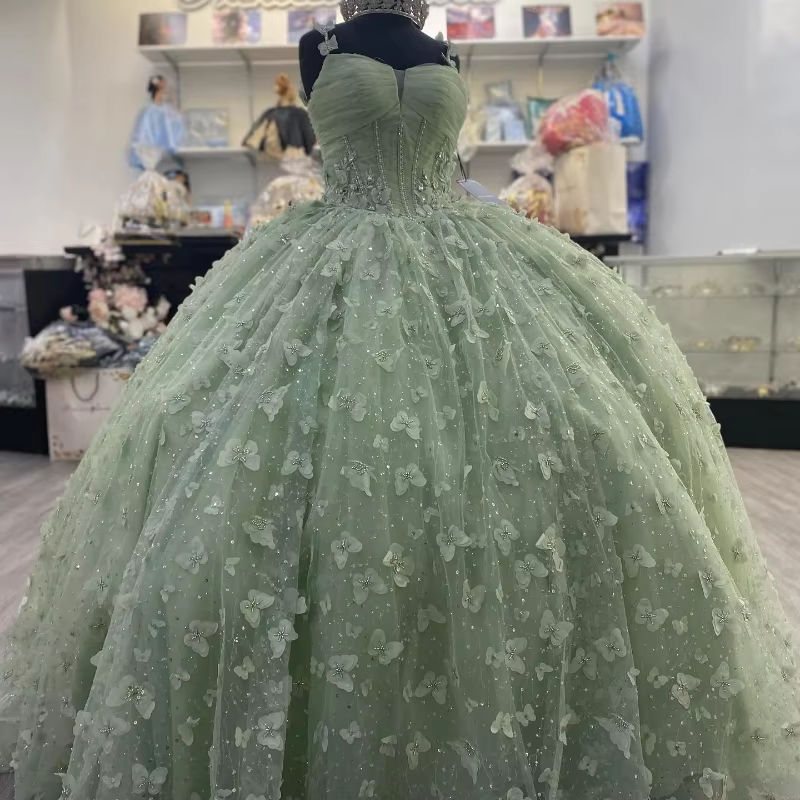 3D Butterfly Quinceanera Dresses Sage Green Ball Gowns with Crystal Corset fg6684
