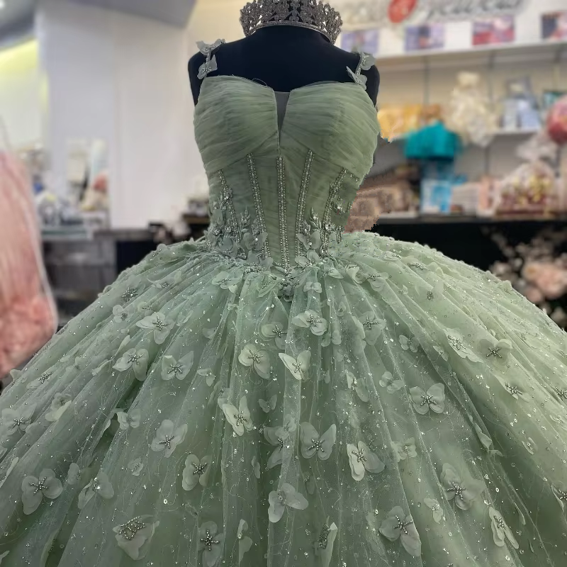 3D Butterfly Quinceanera Dresses Sage Green Ball Gowns with Crystal Corset fg6684