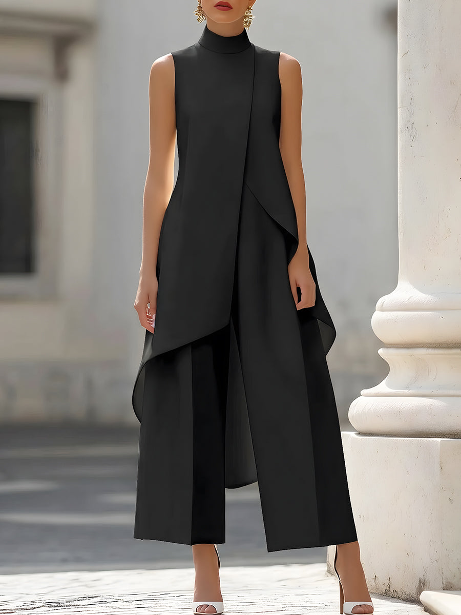 Sleeveless Mock Neck Draped Top and Wide Leg Pants Two Piece Set