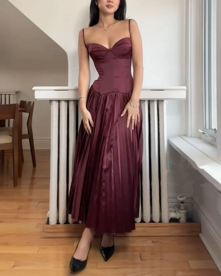Burgundy Spaghetti Straps A-Line Long Party Dress Birthday Outfits