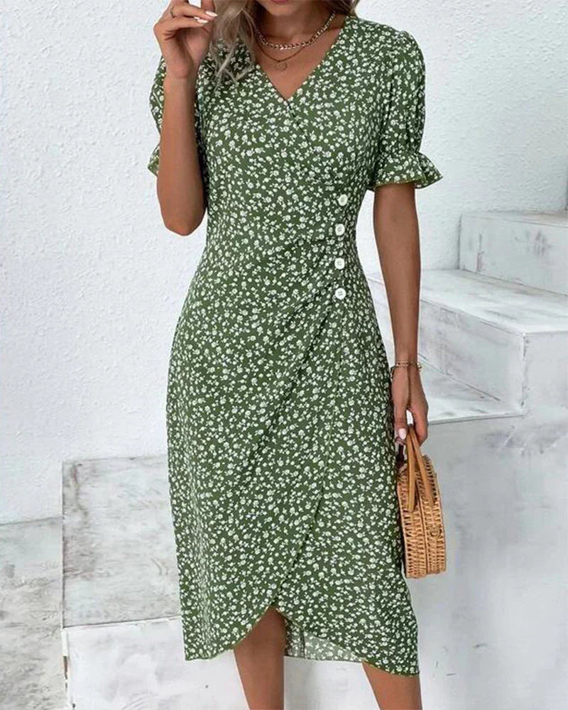 Short Puff Sleeve Lettuce Edge Cuff Bodycon Midi Dress