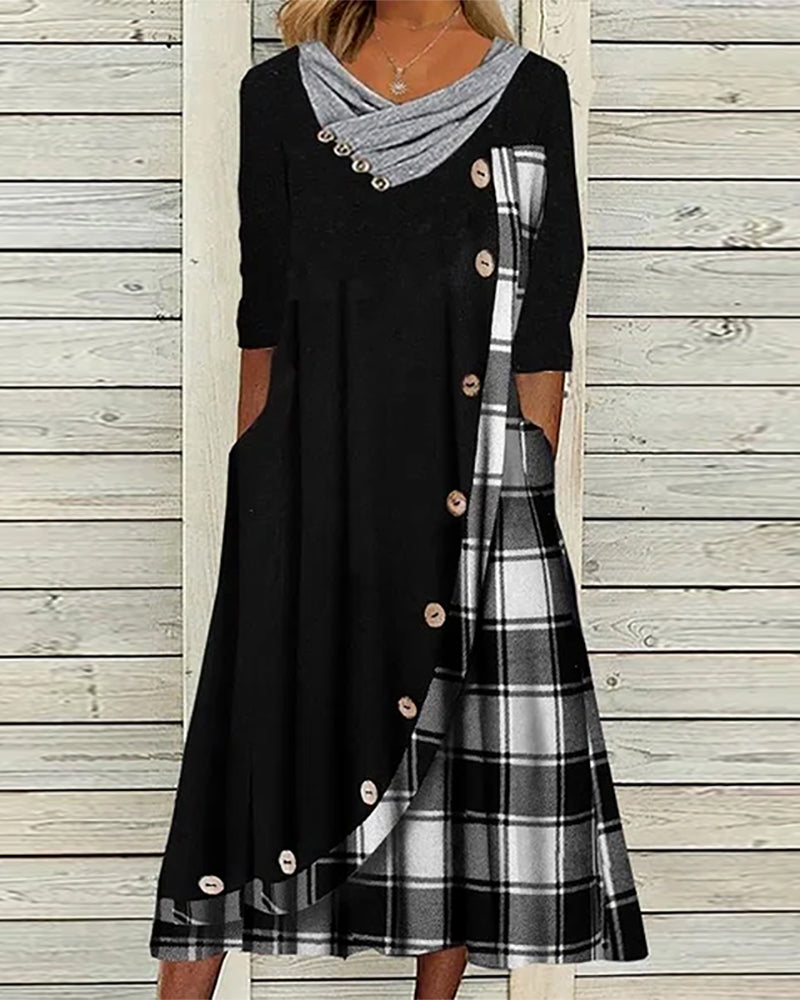 Asymmetric Plaid Panel Cowl Neck Button Front Pocket Midi Dress