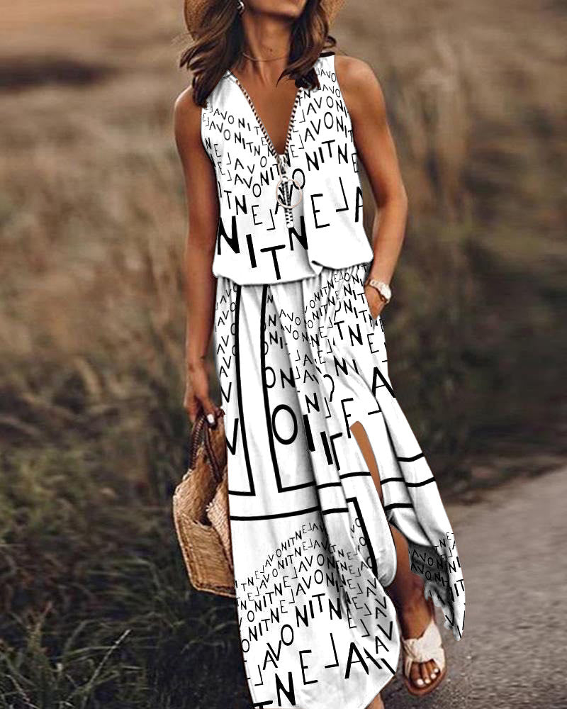Ihsan Elevated Letter Pattern Sleeveless Dress Boutique Collection