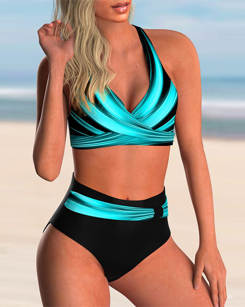 Halter Neck Wrap Front High Waist Bikini Set