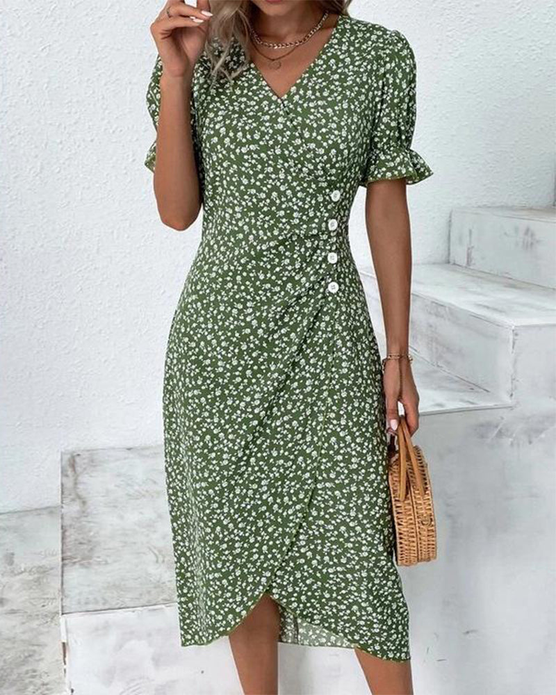 Ditsy Floral V-Neck Ruffle Sleeve Button Wrap Midi Dress