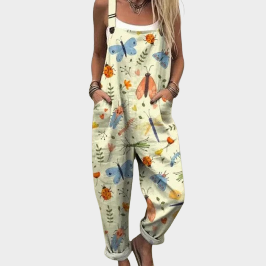 Butterfly Print Pocket Wide Leg Overall Jumpsuit
