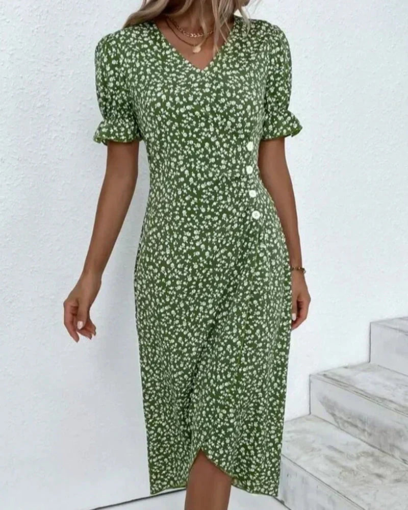 Short Puff Sleeve Lettuce Edge Cuff Bodycon Midi Dress