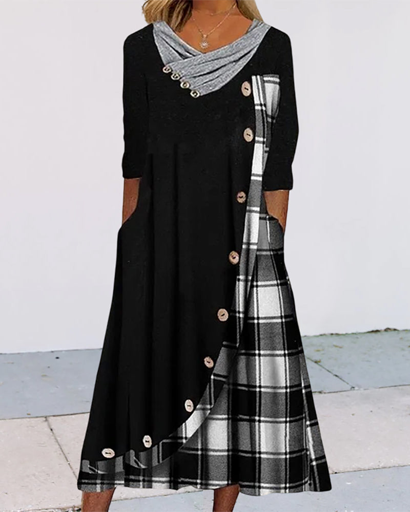Asymmetric Plaid Panel Cowl Neck Button Front Pocket Midi Dress