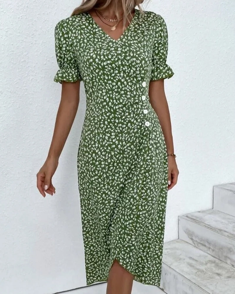 Ditsy Floral V-Neck Ruffle Sleeve Button Wrap Midi Dress