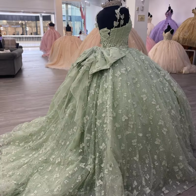 3D Butterfly Quinceanera Dresses Sage Green Ball Gowns with Crystal Corset fg6684