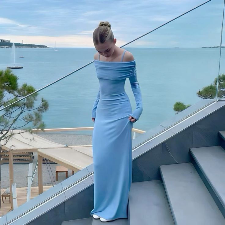 Off Shoulder Long Dress Elegant Tight Long Sleeves Casual Gowns