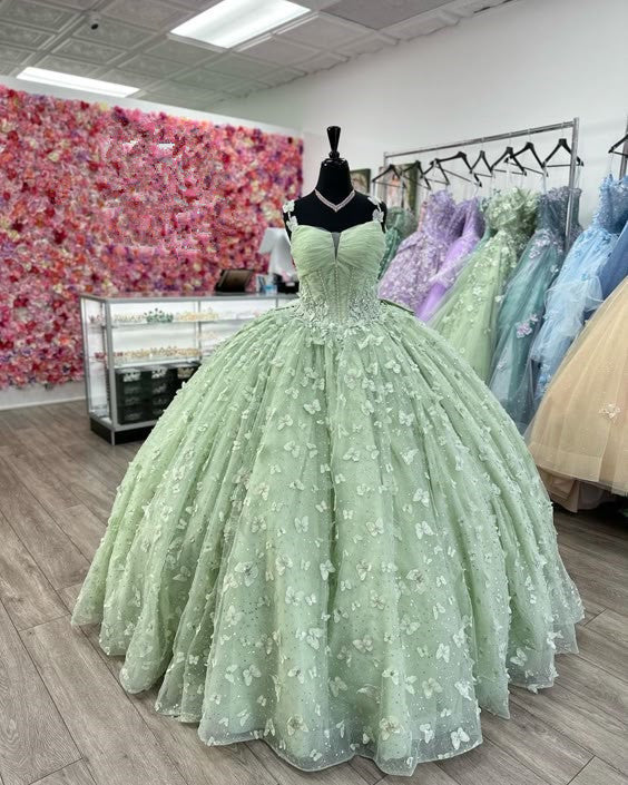 3D Butterfly Quinceanera Dresses Sage Green Ball Gowns with Crystal Corset fg6684