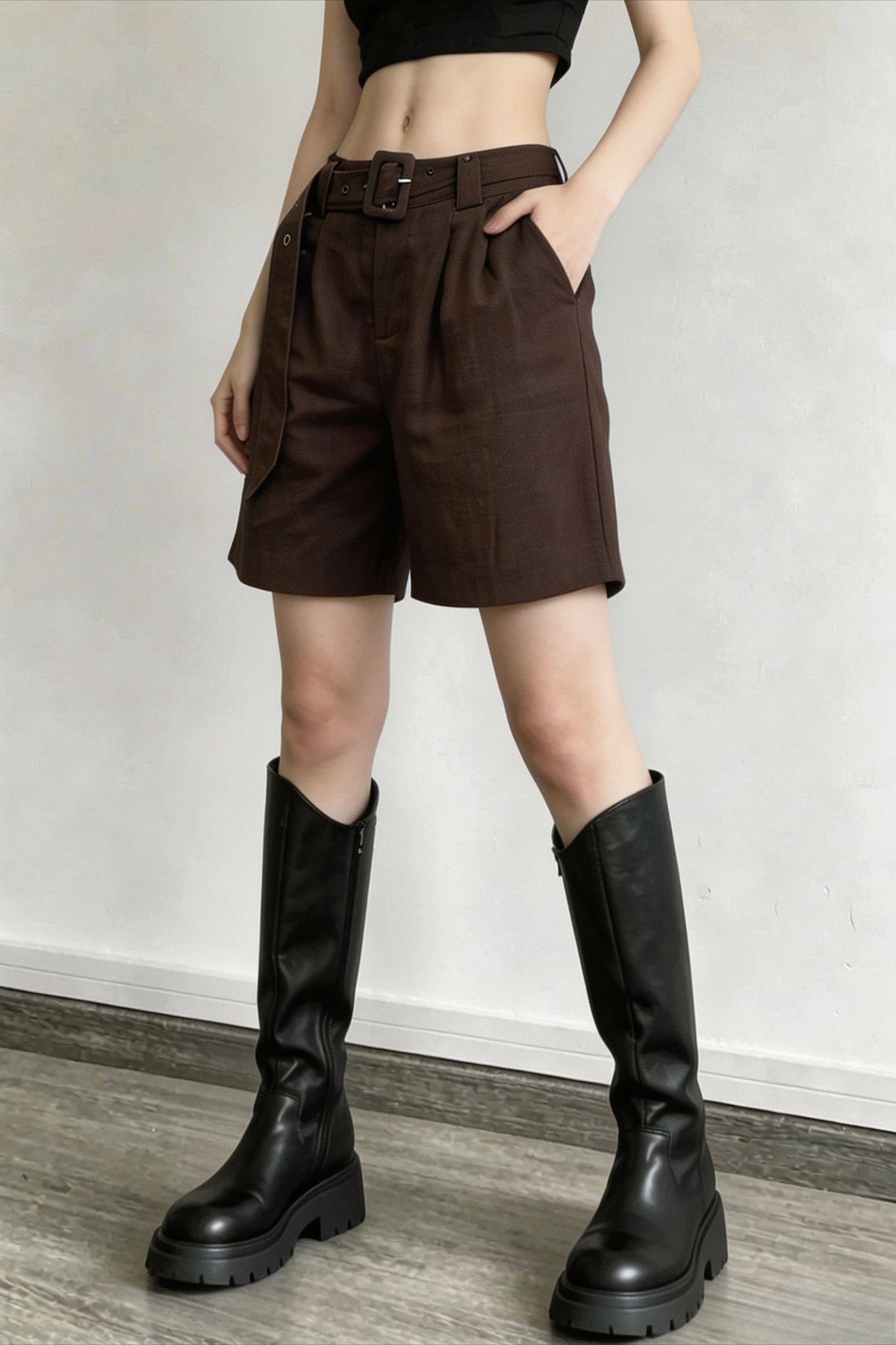 High Waist Belted Pleated Linen Look Bermuda Shorts 3