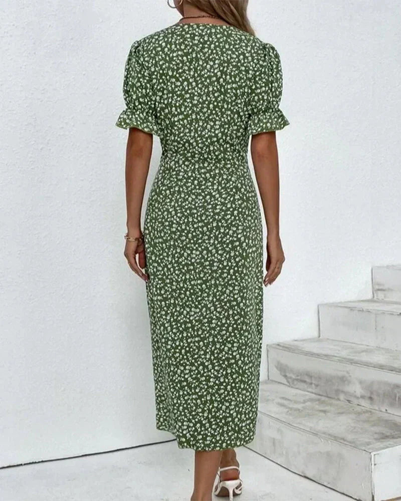 Short Puff Sleeve Lettuce Edge Cuff Bodycon Midi Dress
