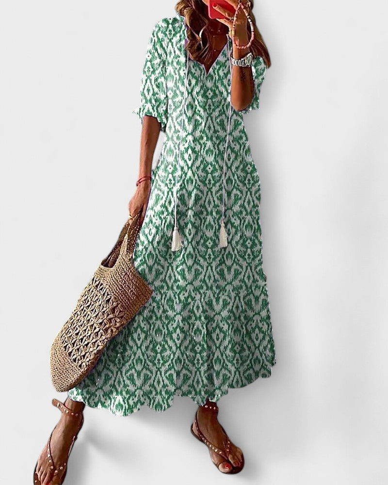 Ikat Print Split Neck Tassel Tie Tiered Maxi Dress