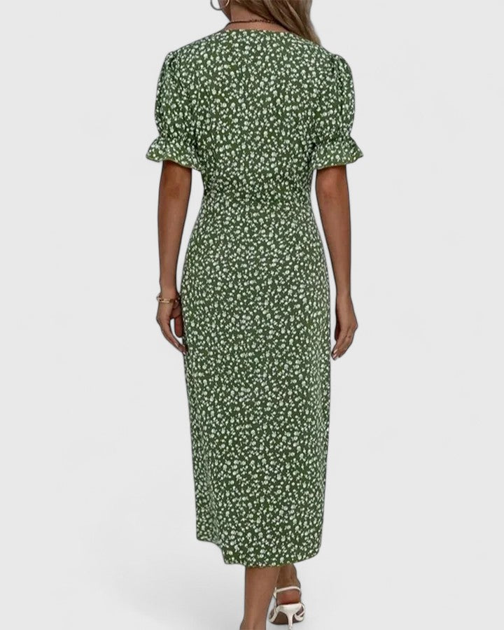 Ditsy Floral V-Neck Short Sleeve Button Wrap Midi Dress