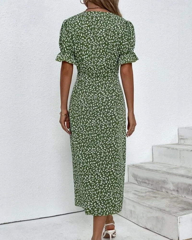 Ditsy Floral V-Neck Ruffle Sleeve Button Wrap Midi Dress