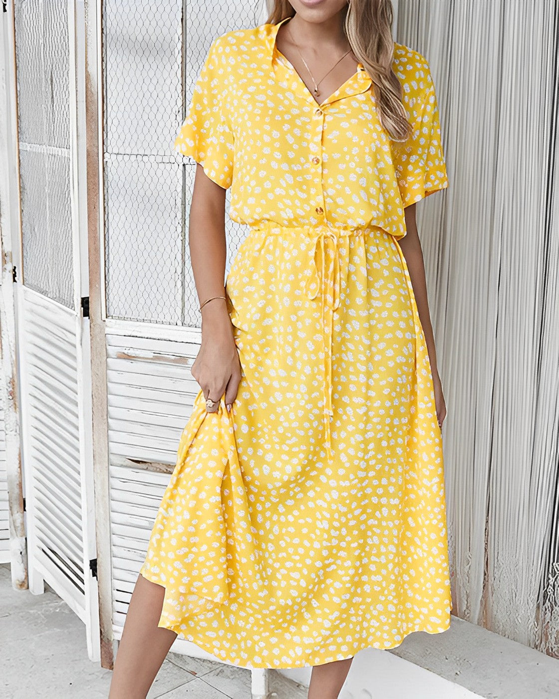 Leopard Print Short Sleeve Button Down Drawstring Waist A-Line Midi Dress