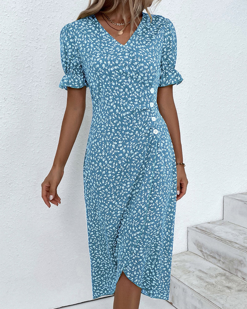 Ditsy Floral V-Neck Ruffle Sleeve Button Wrap Midi Dress