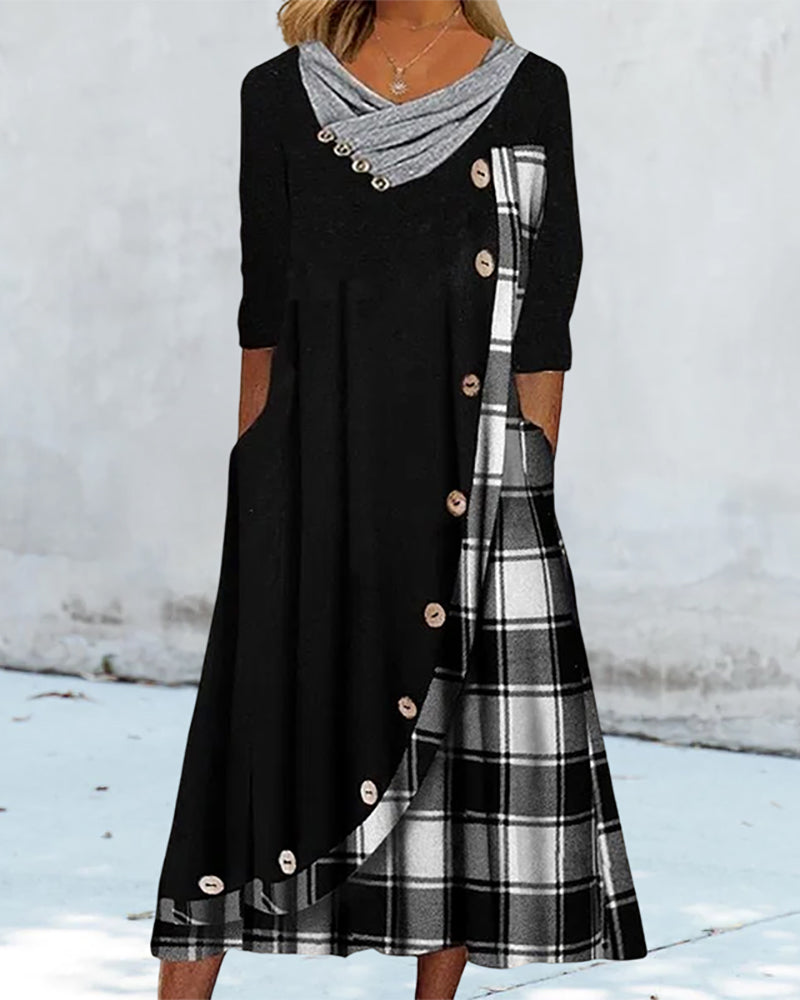 Asymmetric Plaid Panel Cowl Neck Button Front Pocket Midi Dress