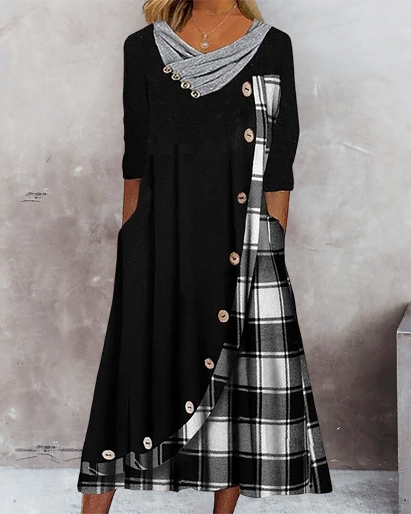 Asymmetric Plaid Panel Cowl Neck Button Front Pocket Midi Dress