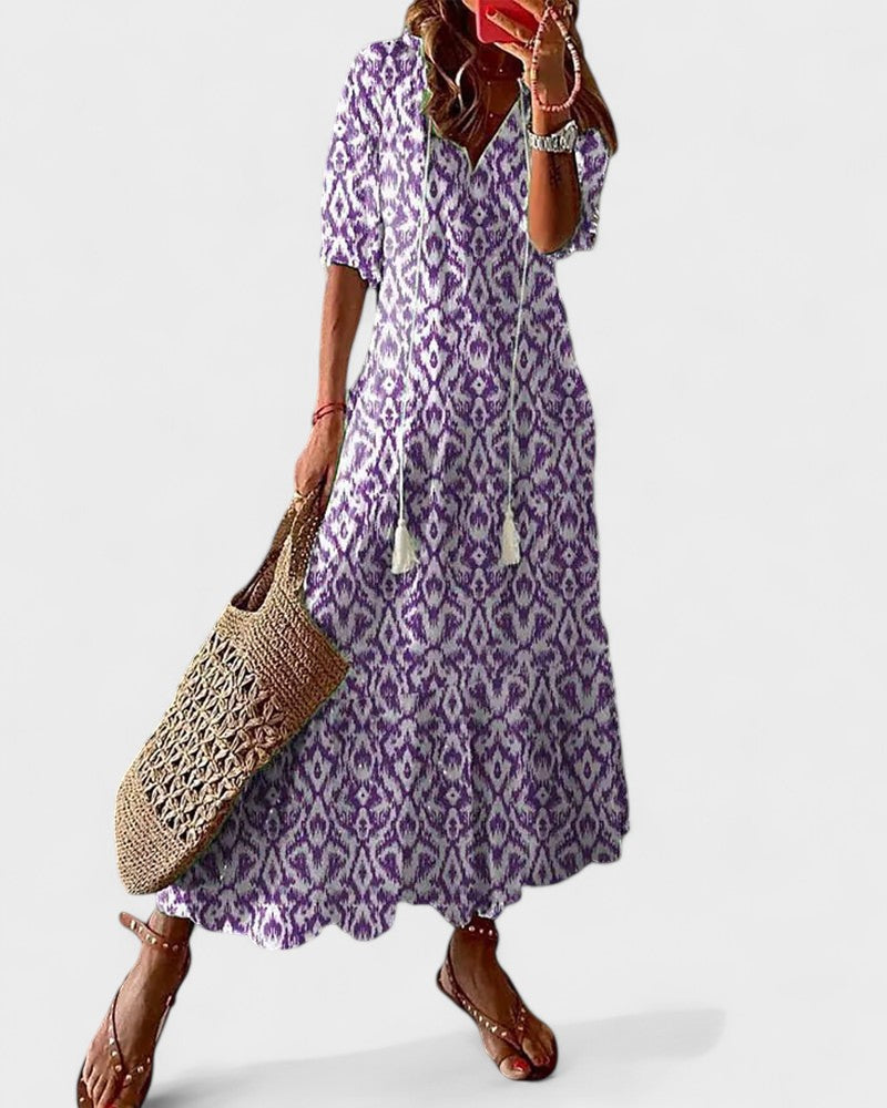 Ikat Print Split Neck Tassel Tie Tiered Maxi Dress