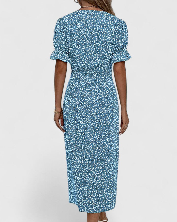 Ditsy Floral V-Neck Short Sleeve Button Wrap Midi Dress