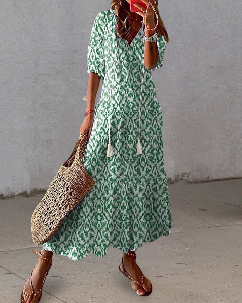 V-Neck Short Sleeve Tassel Tie Collar Tiered Relaxed Maxi Dress