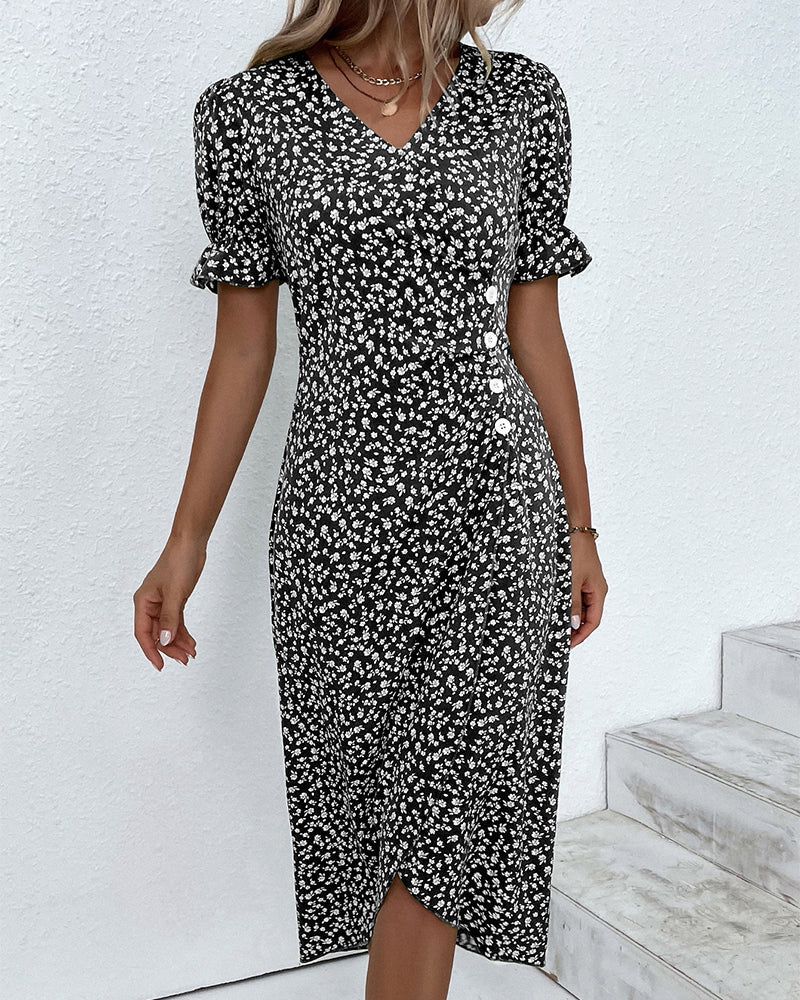 Ditsy Floral V-Neck Ruffle Sleeve Button Wrap Midi Dress