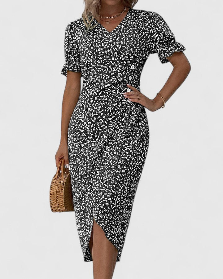Ditsy Floral V-Neck Short Sleeve Button Wrap Midi Dress