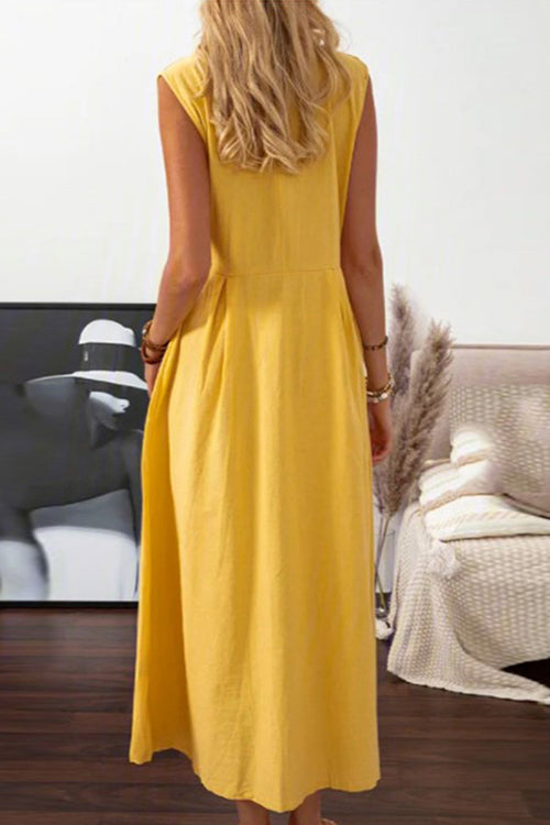 V-Neck Lapel Collar Sleeveless Button Front Pleated Waist A-Line Midi Dress