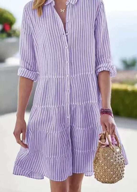 Casual Women Blue Striped Midi Shirt Dress Long Sleeve - Omychic